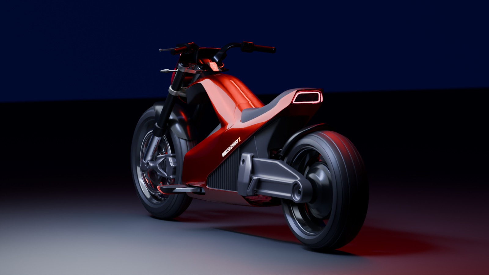 The red EGO Highway X3 from the rear three-quarter, its tail light glowing